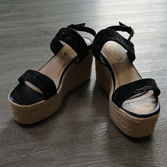 Comfort Est 1945 Black Jeweled Strap Espadrille Wedge Sandals Sz 8M NWT - Picture 1 of 12